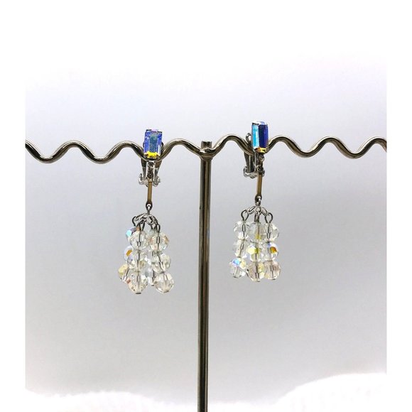 Vintage Lewis Segal California Clip On Earrings Rectangle AB Rhinestone With AB - Picture 2 of 6